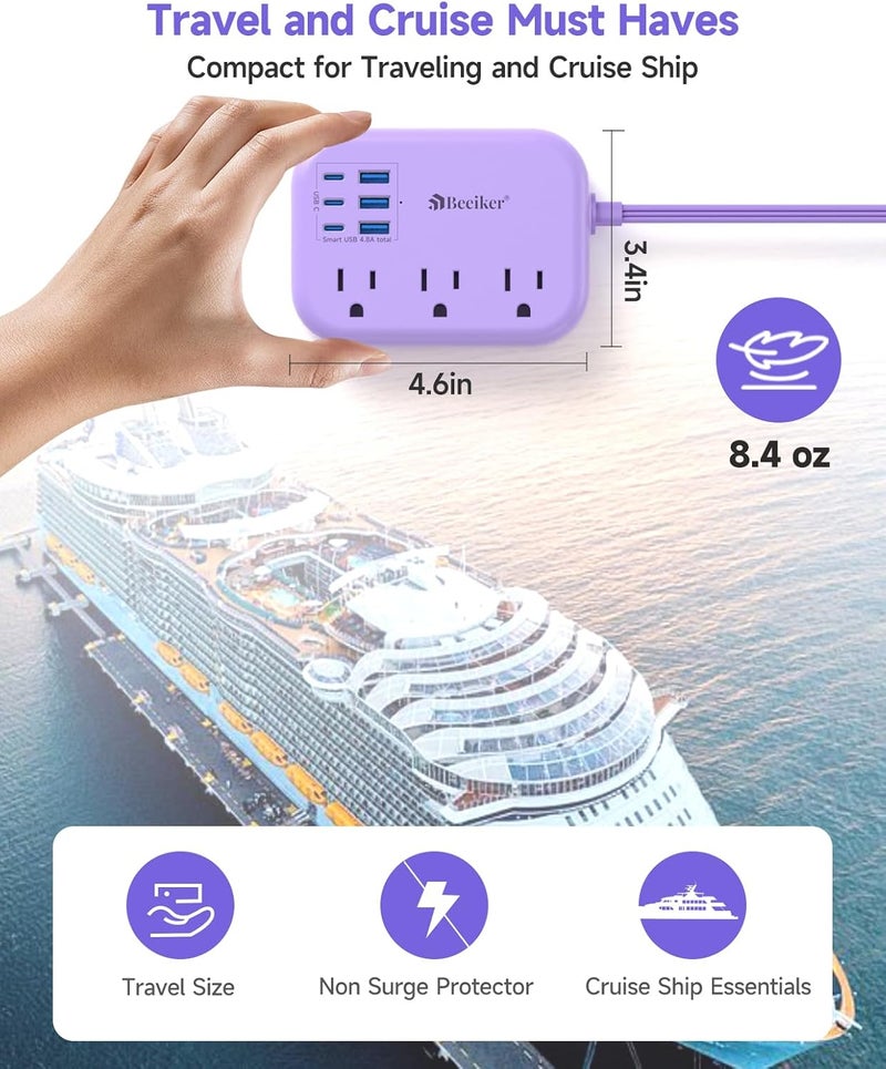 Beeiker 6 USB(3 USB C) Purple Travel Power Strip- 5Ft Purple Extension Cord with USB Charging Station 24W and 3 Outlets, Pink Desk Accessories for Cruise Travel Cute Kawaii Lavender Home Office Dorm Room - Image 4